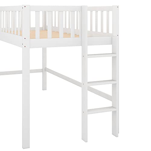 Lostcat Twin Size Low Loft Bed with Slide,Solid Wood Bedframe with Safety Guardrail and Ladder,No Box Spring Needed,Suitable for Girls Boys Toddlers,White - Lostcat