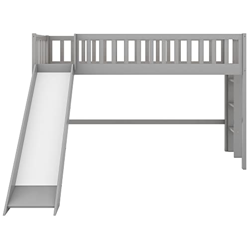 Lostcat Twin Size Low Loft Bed with Slide,Solid Wood Bedframe with Safety Guardrail and Ladder,Suitable for Girls Boys Toddlers,No Box Spring Needed,Grey - Lostcat