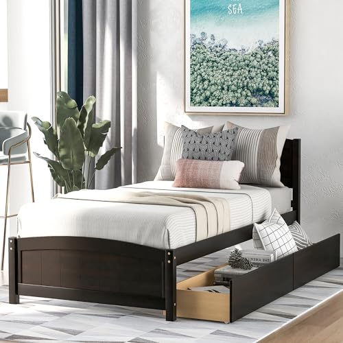 Lostcat Twin Size Platform Bed Frame with Two Drawers and Headboard,Wood Slats Support,Solid Pinewood Bedframe,No Box Spring Needed,for Boys/Girls/Adult Bedroom, Espresso - Lostcat