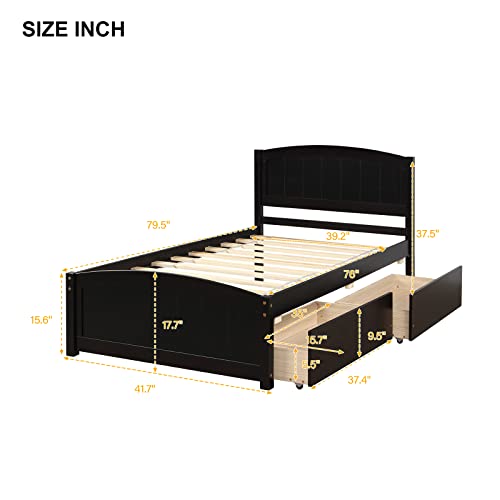 Lostcat Twin Size Platform Bed Frame with Two Drawers and Headboard,Wood Slats Support,Solid Pinewood Bedframe,No Box Spring Needed,for Boys/Girls/Adult Bedroom, Espresso - Lostcat