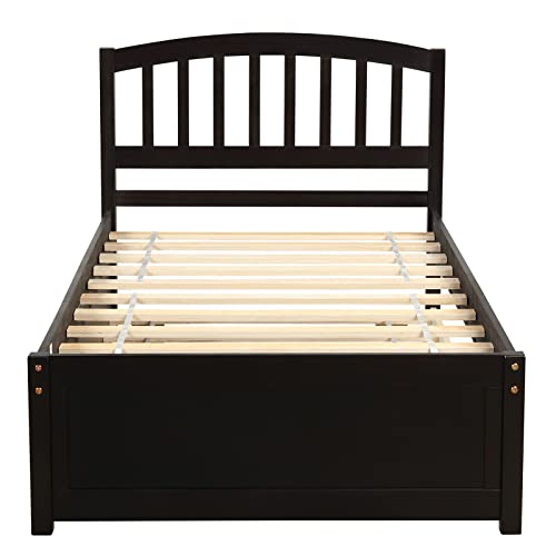 Lostcat Twin Size Platform Wood Bed Frame with Trundle,Wood Slats Support,Solid Pinewood Bedframe, No Box Spring Needed,for Boys/Girls/Adult Bedroom,Espresso - Lostcat