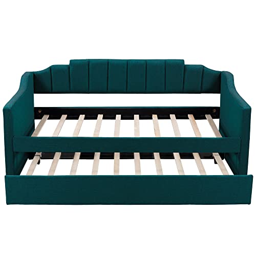 Lostcat Twin Size Upholstered Daybed with Trundle, Solid Wooden Bed Frame, Wood Slat Support, No Box Spring Needed for Adult, Teen (Green) - Lostcat