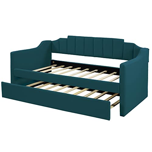 Lostcat Twin Size Upholstered Daybed with Trundle, Solid Wooden Bed Frame, Wood Slat Support, No Box Spring Needed for Adult, Teen (Green) - Lostcat