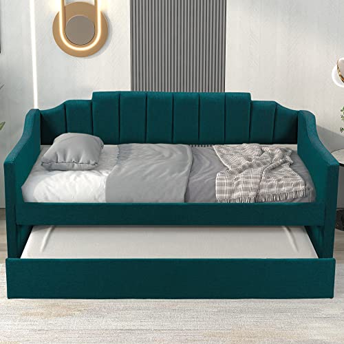 Lostcat Twin Size Upholstered Daybed with Trundle, Solid Wooden Bed Frame, Wood Slat Support, No Box Spring Needed for Adult, Teen (Green) - Lostcat