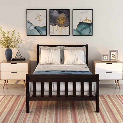 Lostcat Twin Size Wood Platform Bed Frame Panel Bed Mattress Foundation Sleigh Bed with Headboard and Footboard, Wood Slat Support,Easy Assembly, Espresso - Lostcat