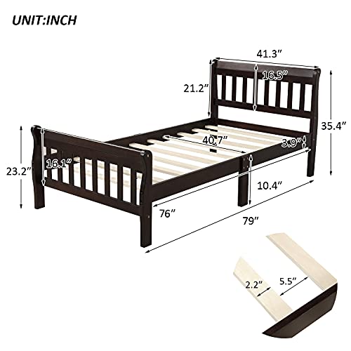 Lostcat Twin Size Wood Platform Bed Frame Panel Bed Mattress Foundation Sleigh Bed with Headboard and Footboard, Wood Slat Support,Easy Assembly, Espresso - Lostcat
