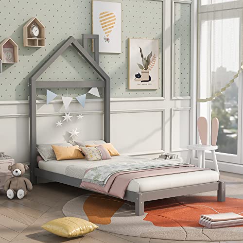 Lostcat Twin Size Wood Platform Bed with House-Shaped Headboard,Solid Wood Bedframe for Kids/Teen/Adults Bedroom,No Box Spring Needed,Gray - Lostcat