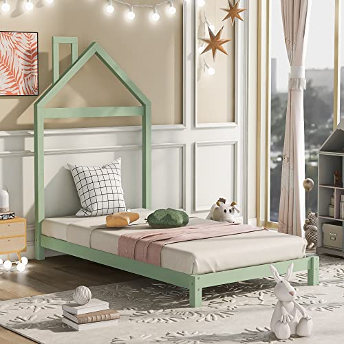 Lostcat Twin Size Wood Platform Bed with House-Shaped Headboard,Solid Wood Bedframe for Kids/Teen/Adults Bedroom,No Box Spring Needed,Green - Lostcat