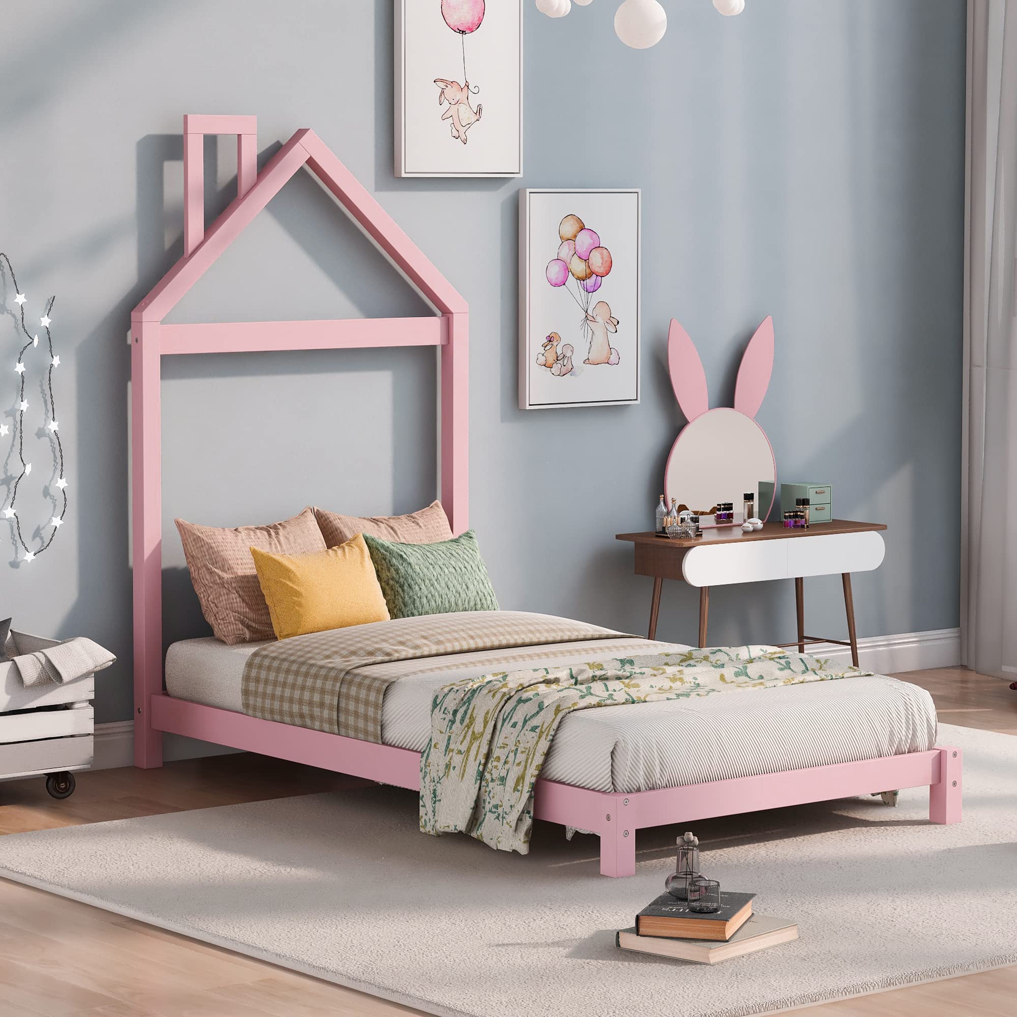 Lostcat Twin Size Wood Platform Bed with House-Shaped Headboard,Solid Wood Bedframe for Kids/Teen/Adults Bedroom,No Box Spring Needed,Pink - Lostcat