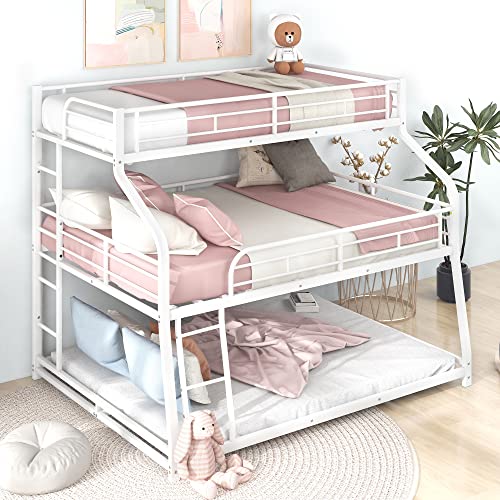 Lostcat Twin XL/Full XL/Queen Triple Bunk Bed with Long and Short Full-Length Guardrails, Built-in Ladder & Solid Slat Support for Boys, Girls, Teens, Bedroom, No Box Spring Needed, White - Lostcat