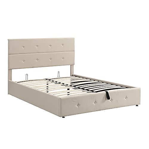 Lostcat Upholstered Queen Bed Frame with Storage Underneath and Headboard,Suitable for Kids/Teen/Adults,No Box Spring Needed,Beige - Lostcat