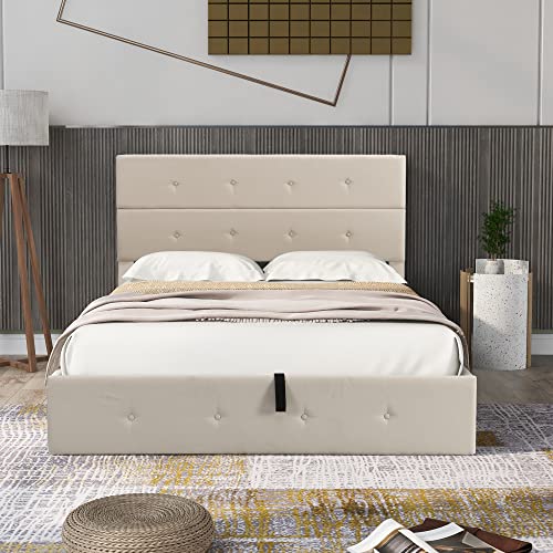 Lostcat Upholstered Queen Bed Frame with Storage Underneath and Headboard,Suitable for Kids/Teen/Adults,No Box Spring Needed,Beige - Lostcat