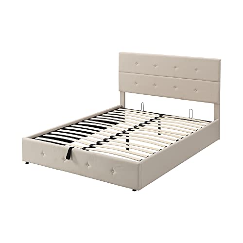 Lostcat Upholstered Queen Bed Frame with Storage Underneath and Headboard,Suitable for Kids/Teen/Adults,No Box Spring Needed,Beige - Lostcat