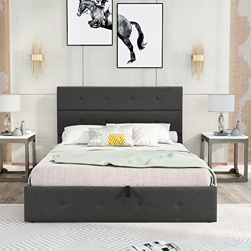 Lostcat Upholstered Queen Bed Frame with Storage Underneath and Headboard,Suitable for Kids/Teen/Adults,No Box Spring Needed,Grey - Lostcat