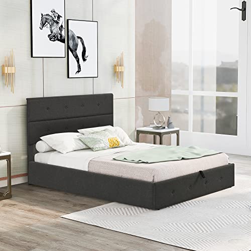 Lostcat Upholstered Queen Bed Frame with Storage Underneath and Headboard,Suitable for Kids/Teen/Adults,No Box Spring Needed,Grey - Lostcat