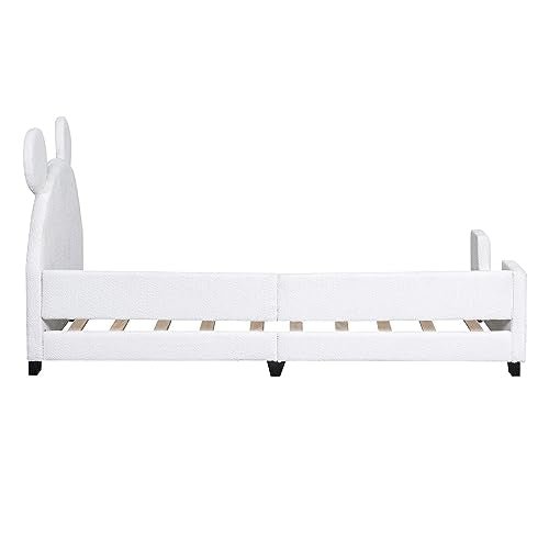 Lostcat Velvet Twin Daybed with Carton Ears Shaped Headboard, Kid Bed Frame Upholstered Kid Bed, Twin Size Wood Low Floor Platform Bed Frame with Slat Supports, Headboard and Footboard for Kids, White - Lostcat