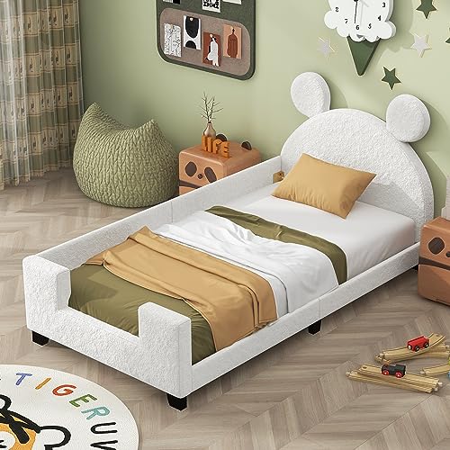 Lostcat Velvet Twin Daybed with Carton Ears Shaped Headboard, Kid Bed Frame Upholstered Kid Bed, Twin Size Wood Low Floor Platform Bed Frame with Slat Supports, Headboard and Footboard for Kids, White - Lostcat