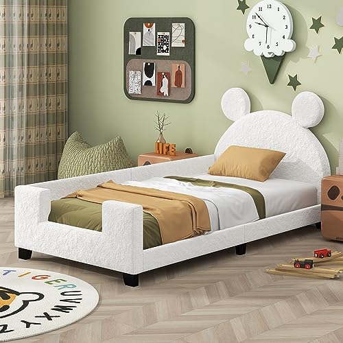Lostcat Velvet Twin Daybed with Carton Ears Shaped Headboard, Kid Bed Frame Upholstered Kid Bed, Twin Size Wood Low Floor Platform Bed Frame with Slat Supports, Headboard and Footboard for Kids, White - Lostcat