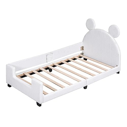 Lostcat Velvet Twin Daybed with Carton Ears Shaped Headboard, Kid Bed Frame Upholstered Kid Bed, Twin Size Wood Low Floor Platform Bed Frame with Slat Supports, Headboard and Footboard for Kids, White - Lostcat