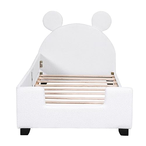 Lostcat Velvet Twin Daybed with Carton Ears Shaped Headboard, Kid Bed Frame Upholstered Kid Bed, Twin Size Wood Low Floor Platform Bed Frame with Slat Supports, Headboard and Footboard for Kids, White - Lostcat