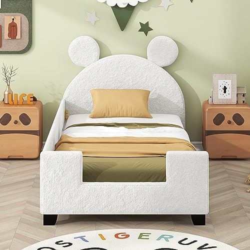 Lostcat Velvet Twin Daybed with Carton Ears Shaped Headboard, Kid Bed Frame Upholstered Kid Bed, Twin Size Wood Low Floor Platform Bed Frame with Slat Supports, Headboard and Footboard for Kids, White - Lostcat