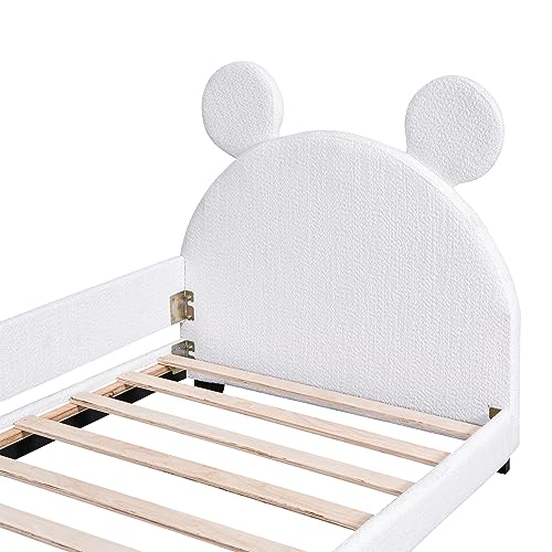 Lostcat Velvet Twin Daybed with Carton Ears Shaped Headboard, Kid Bed Frame Upholstered Kid Bed, Twin Size Wood Low Floor Platform Bed Frame with Slat Supports, Headboard and Footboard for Kids, White - Lostcat