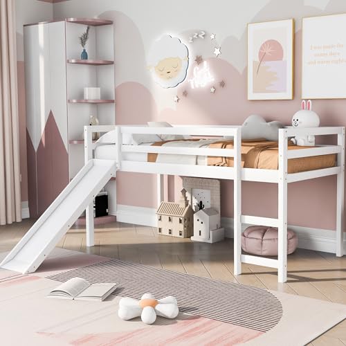 Lostcat Wood Twin Bed Frame for Kids with Slide, Twin Loft Bed with Slide, Low Loft Bed with Stairs and Chalkboard, Space-Saving Wooden Child Bed Frame for Boys or Girls, White - Lostcat