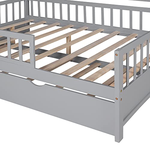 Lostcat Wooden Full Size House Bed with Trundle, Wood Playhouse Bed Frame w/Roof Design, Playhouse Platform Bed Frame with Storage Shelves, Montessori Bed for Kids Teens Girls & Boys, Gray - Lostcat