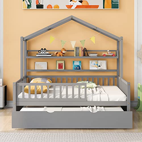 Lostcat Wooden Full Size House Bed with Trundle, Wood Playhouse Bed Frame w/Roof Design, Playhouse Platform Bed Frame with Storage Shelves, Montessori Bed for Kids Teens Girls & Boys, Gray - Lostcat