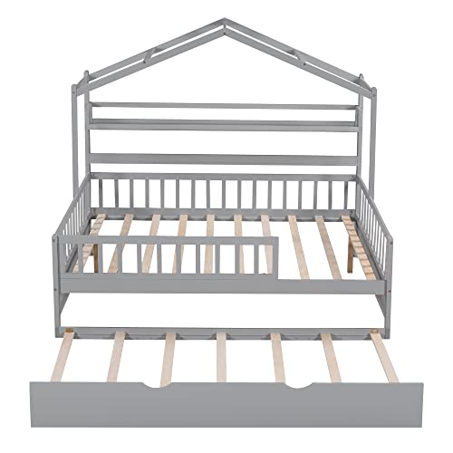 Lostcat Wooden Full Size House Bed with Trundle, Wood Playhouse Bed Frame w/Roof Design, Playhouse Platform Bed Frame with Storage Shelves, Montessori Bed for Kids Teens Girls & Boys, Gray - Lostcat