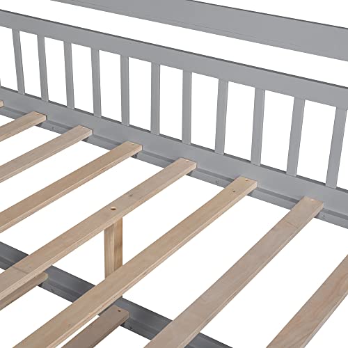 Lostcat Wooden Full Size House Bed with Trundle, Wood Playhouse Bed Frame w/Roof Design, Playhouse Platform Bed Frame with Storage Shelves, Montessori Bed for Kids Teens Girls & Boys, Gray - Lostcat