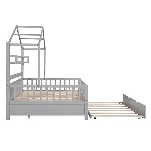 Lostcat Wooden Full Size House Bed with Trundle, Wood Playhouse Bed Frame w/Roof Design, Playhouse Platform Bed Frame with Storage Shelves, Montessori Bed for Kids Teens Girls & Boys, Gray - Lostcat