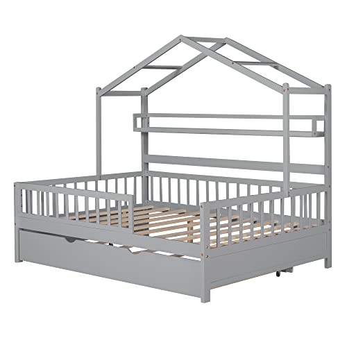 Lostcat Wooden Full Size House Bed with Trundle, Wood Playhouse Bed Frame w/Roof Design, Playhouse Platform Bed Frame with Storage Shelves, Montessori Bed for Kids Teens Girls & Boys, Gray - Lostcat
