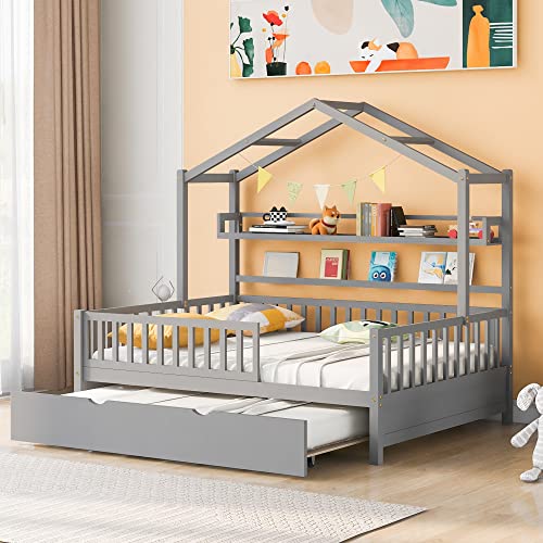 Lostcat Wooden Full Size House Bed with Trundle, Wood Playhouse Bed Frame w/Roof Design, Playhouse Platform Bed Frame with Storage Shelves, Montessori Bed for Kids Teens Girls & Boys, Gray - Lostcat