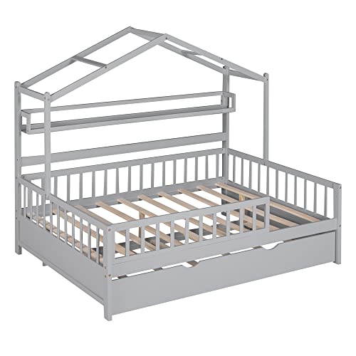 Lostcat Wooden Full Size House Bed with Trundle, Wood Playhouse Bed Frame w/Roof Design, Playhouse Platform Bed Frame with Storage Shelves, Montessori Bed for Kids Teens Girls & Boys, Gray - Lostcat