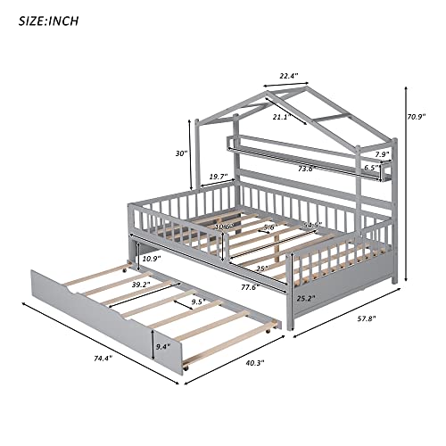 Lostcat Wooden Full Size House Bed with Trundle, Wood Playhouse Bed Frame w/Roof Design, Playhouse Platform Bed Frame with Storage Shelves, Montessori Bed for Kids Teens Girls & Boys, Gray - Lostcat