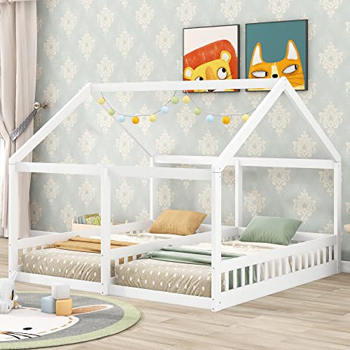 Lostcat Wooden Kids Double Bed Frame, Two Shared Beds with Roof, 2 Twin Size House Platform Beds, House Platform Beds with Fence, Montessori Bed for Two Kids Teens Boys Girls, White - Lostcat