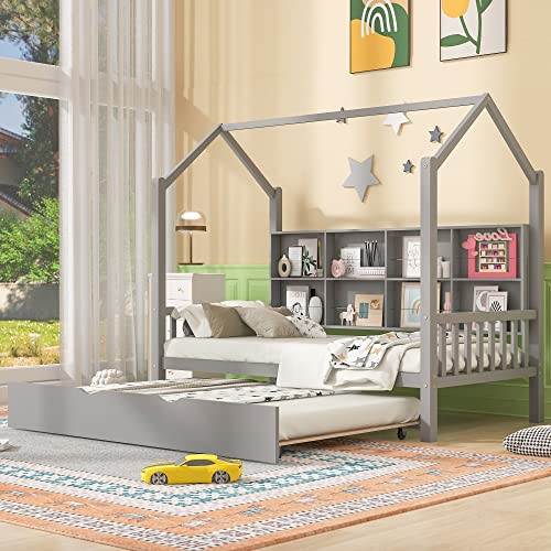 Lostcat Wooden Twin Size House Bed with Trundle, Kids Bed with Shelf, Montessori Bed for Kids Teens Girls & Boys, Wood Playhouse Bed Frame w/Roof Design, Bed Frame with Storage Shelves, Gray - Lostcat