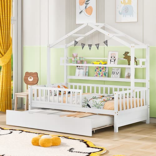 Lostcat Wooden Twin Size House Bed with Trundle, Montessori Bed for Kids Teens Girls & Boys, Bed Frame with Storage Shelves, Wood Playhouse Bed Frame w/Roof Design,No Box Spring Required, White - Lostcat
