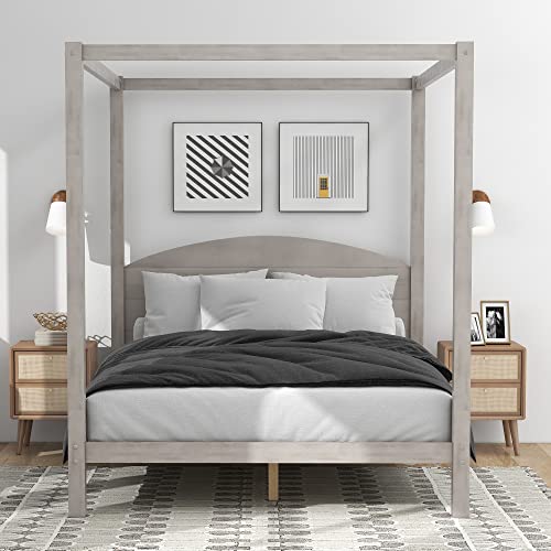 Queen Size Canopy Bed Frame, 4-Post Canopy Platform Bed with Headboard and Support Legs, Solid Wood Queen Bed Frame for Kids Teens Adults, No Box Spring Needed, Grey Wash - Lostcat