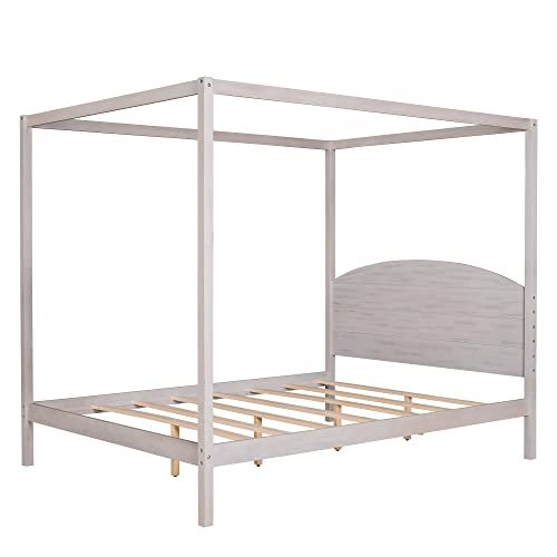 Queen Size Canopy Bed Frame, 4-Post Canopy Platform Bed with Headboard and Support Legs, Solid Wood Queen Bed Frame for Kids Teens Adults, No Box Spring Needed, Grey Wash - Lostcat