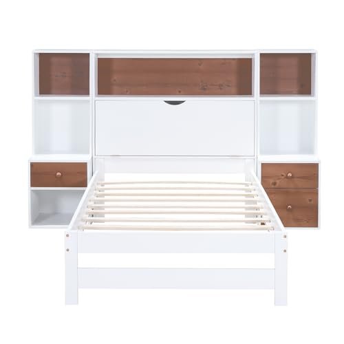 Twin Size Platform Bed with Storage Headboard and Drawers, Twin Size Wooden Platform Bed with All-in-One Cabinets, Shelf and 4 Storage Drawers, Versatility Low Bedframefor Bedroom,Guest Room, White - Lostcat