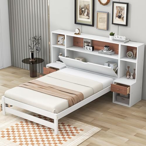 Twin Size Platform Bed with Storage Headboard and Drawers, Twin Size Wooden Platform Bed with All-in-One Cabinets, Shelf and 4 Storage Drawers, Versatility Low Bedframefor Bedroom,Guest Room, White - Lostcat